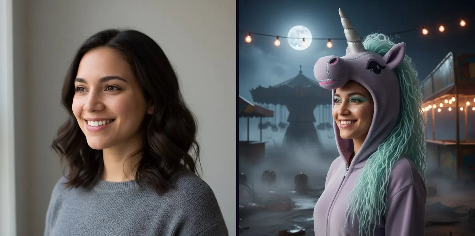普通のポートレート写真と、同じ人物が月夜のホーンテッド・ユニコーンのマスコットになった写真