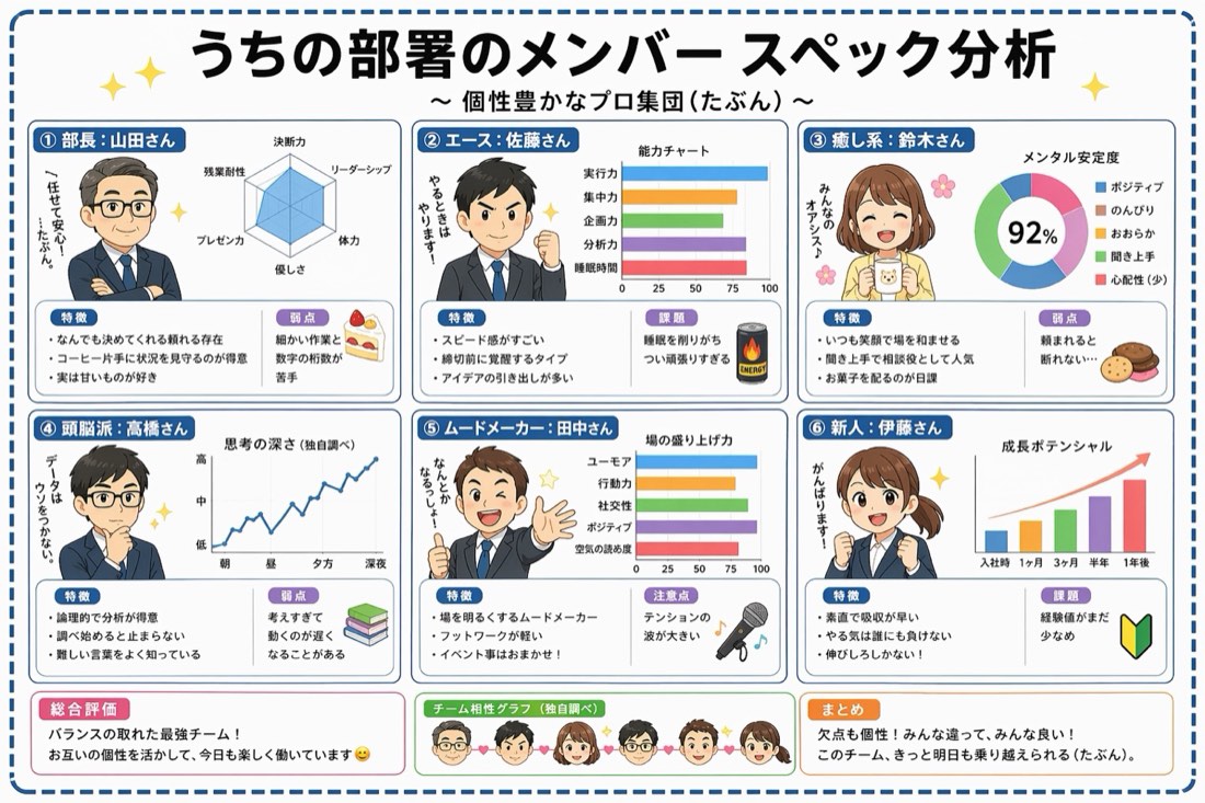 Playful team infographic with charts and legible labels